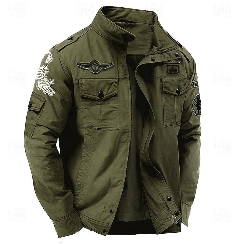 Men's Cotton Embroidered Military Jacket Windbreaker with Shoulder Straps Long Sleeve Standing Collar Multi-Pockets Trucker Jacket Crocodile Print Tactical Outerwear2