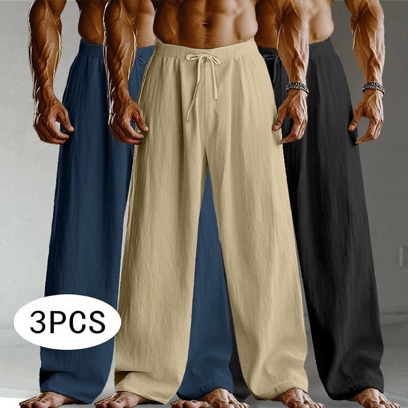 Men's Linen Pants Trousers Summer Pants Baggy Pants Drawstring Elastic Waist Straight Leg Plain Comfort Breathable Full Length Home Yoga Holiday Fashion Streetwear Black+White+Navy Blue