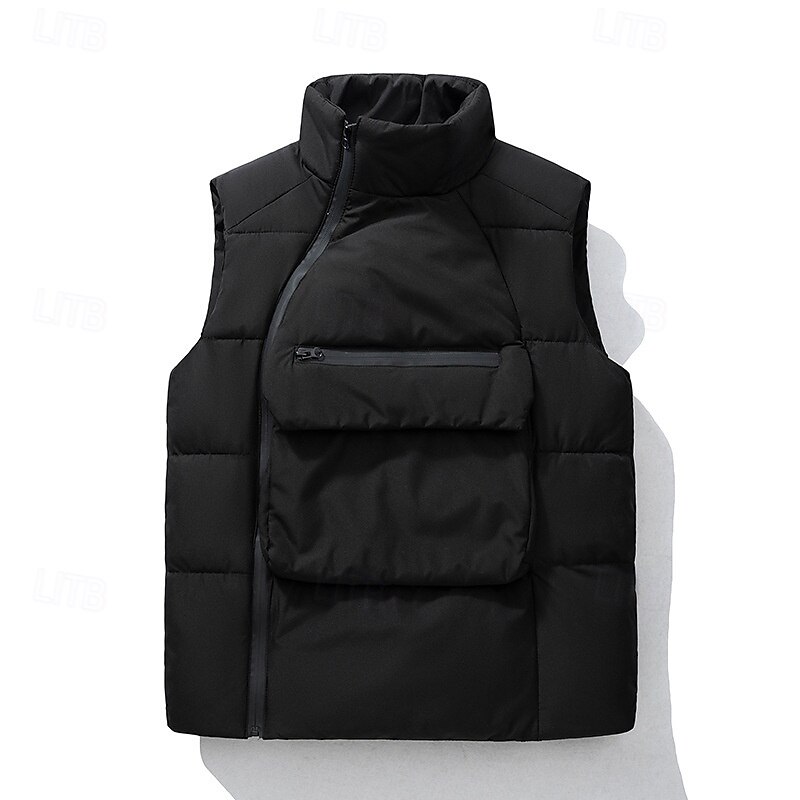 Men's Puffer Vest Vest Gilet Vacation Daily Date Fashion Casual Winter Pocket Polyester Warm Comfortable Solid Color Zipper Stand Collar Regular Fit Black Gray Vest3