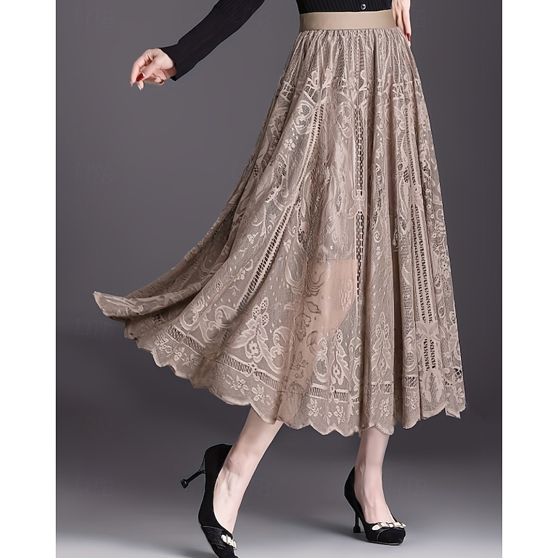 Women's Skirt Swing Fashion Maxi Mid Rise Skirts Plain Lace Patchwork Micro-elastic Vacation Street Khaki Fall Polyester2