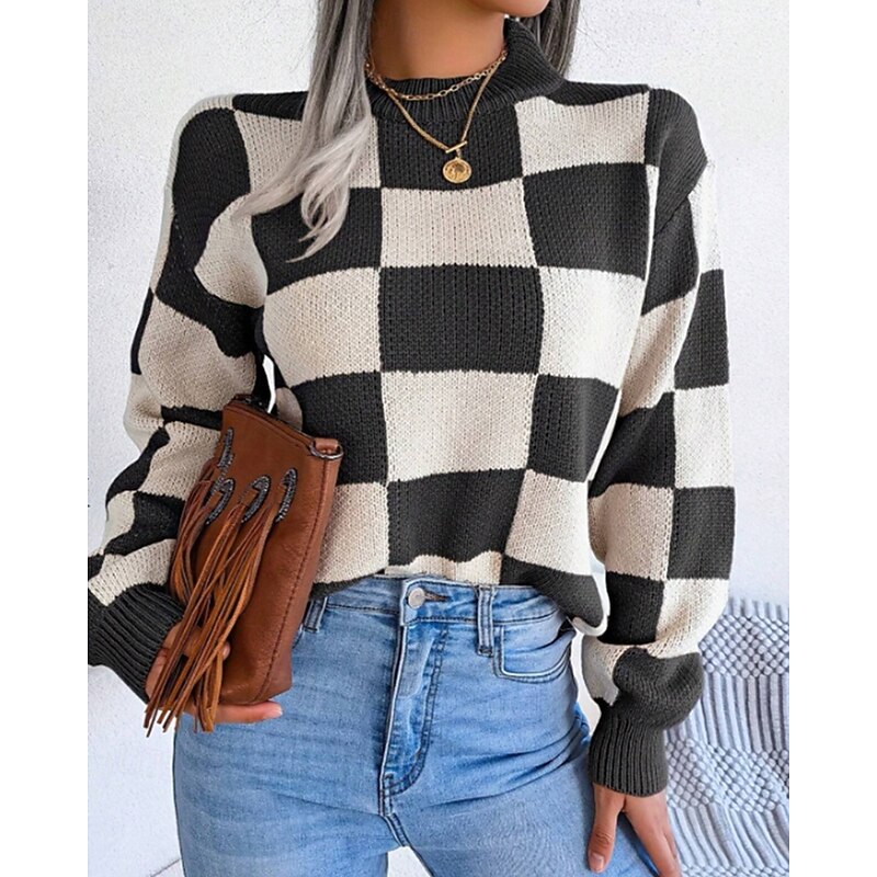 Women's Sweater Pullover Casual Plaid Ribbed Crew Neck Knitted Long Sleeve Regular Tops Knit Daily Going out Weekend Gray Winter
