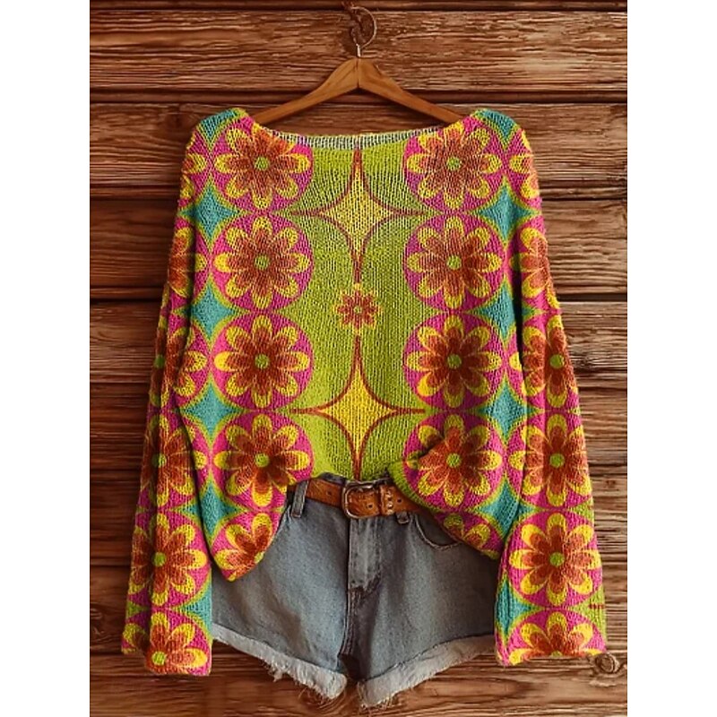 Women's Sweater Casual Soft Floral Geometric Stylish Modern Long Sleeve Crew Neck Regular Tops Daily Holiday Print Yellow Orange Green Rainbow Spring Fall Winter2