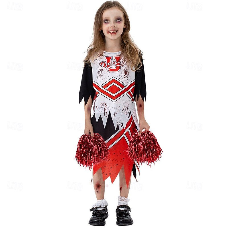 Zombie Cheerleader Halloween Dress Fancy Costume Horror Scary Costume Kid's Girls' Halloween Carnival Performance Party Easy Halloween Costumes Dress Up3