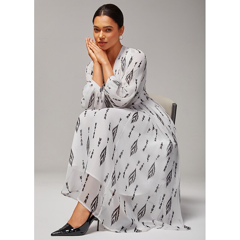 Women's Black and White Print Chiffon Maxi Dress Elegant Poised Waist Cinching Slim Fit Party Work Daily Fall3