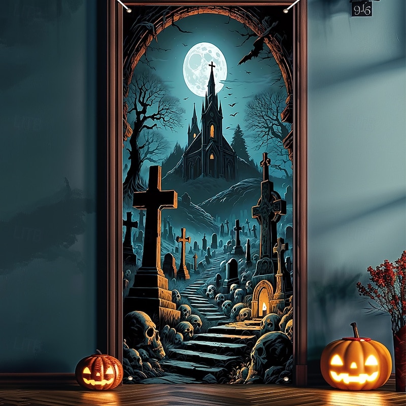 Halloween Door Cover Outdoor Banners Castle Cemetery Psychedelic Dark Punk Gothic Style Party Outdoor Shooting Backgrounds Front Door Wall Porch Home Decor