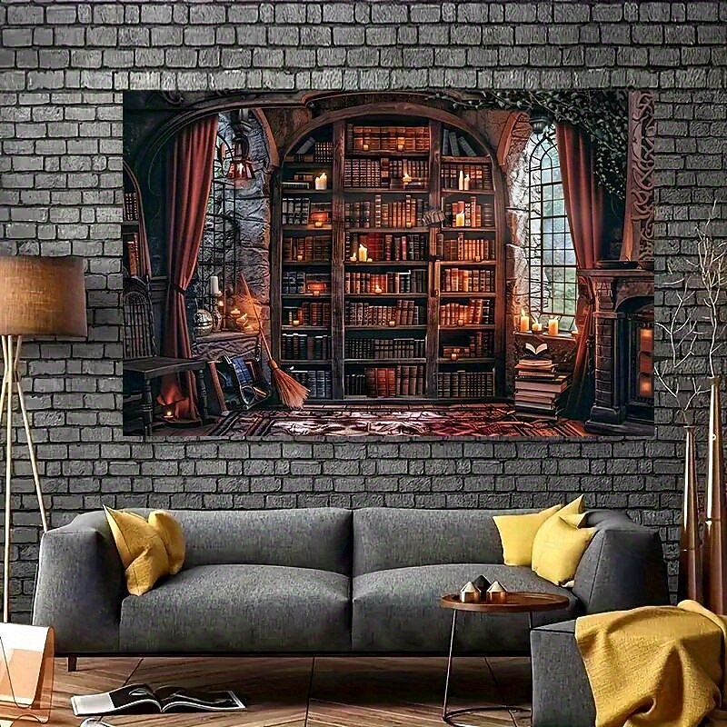 Witch Library Tapestry – Gothic Bookshelf Wall Hanging with Candlelit Magical Room Scene, Vintage Wall Decoration for Bedroom, Study or Living Room4