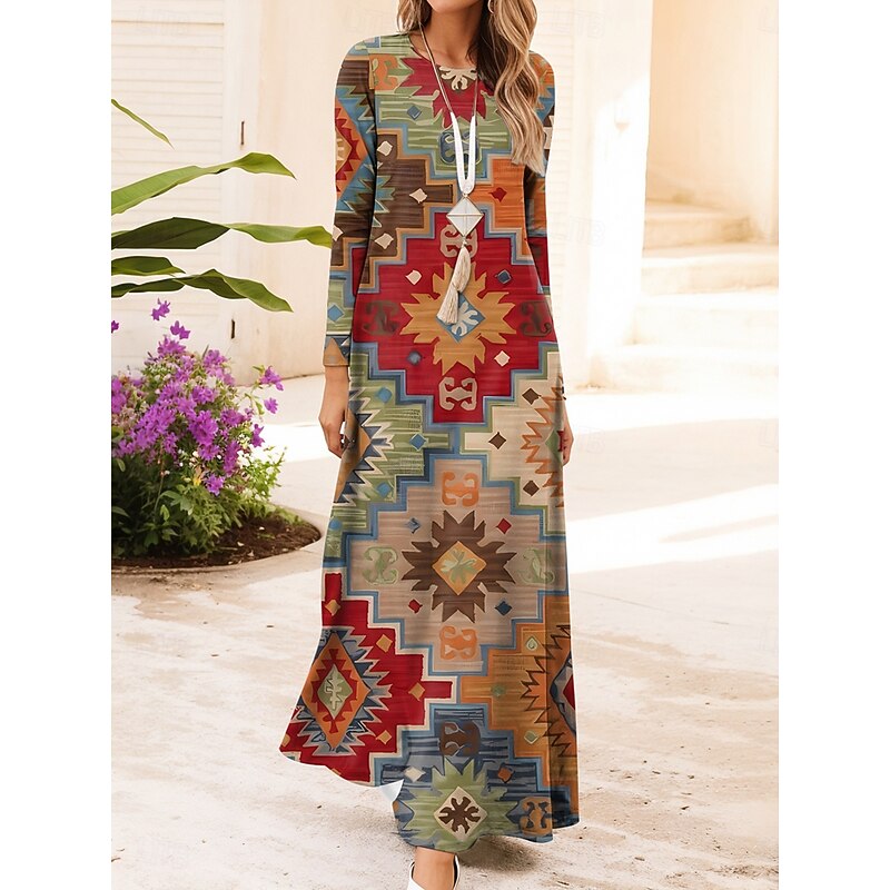Women's Maxi Dress Vintage Bohemian A Line Dress Crew Neck Long Sleeve Casual Daily Regular Fit Graphic Geometric Dark Red Red Blue Brown Summer Spring Fall Winter3