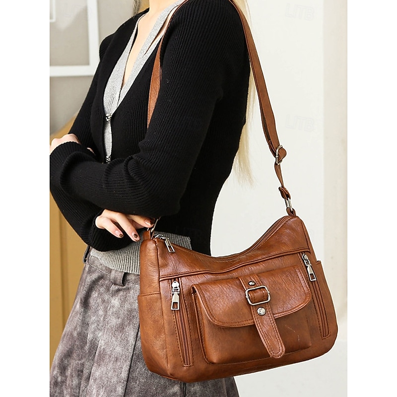 Women's Faux Leather Shoulder Bag – Multi-Pocket Vintage Crossbody Handbag for Work, Travel & Everyday Use2