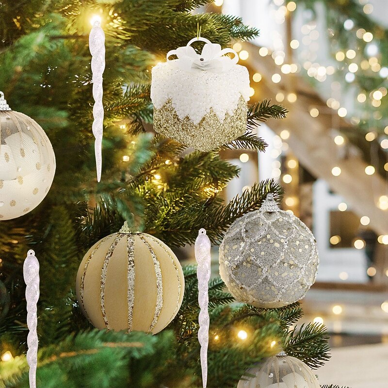 18 pcs Christmas Tree Balls Baubles Ornaments, 8 cm/3.15 inch Xmas Decoration, Premium White & Gold Foam Balls with Tree Top Star Hanging Set, Festive Holiday Tree Decor2