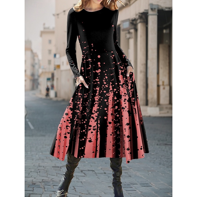 Women's Midi Dress A Line Dress Fit And Flare Dress Casual Daily Regular Fit Graphic Geometric Long Sleeve Crew Neck White Red Blue Purple Fall Winter2
