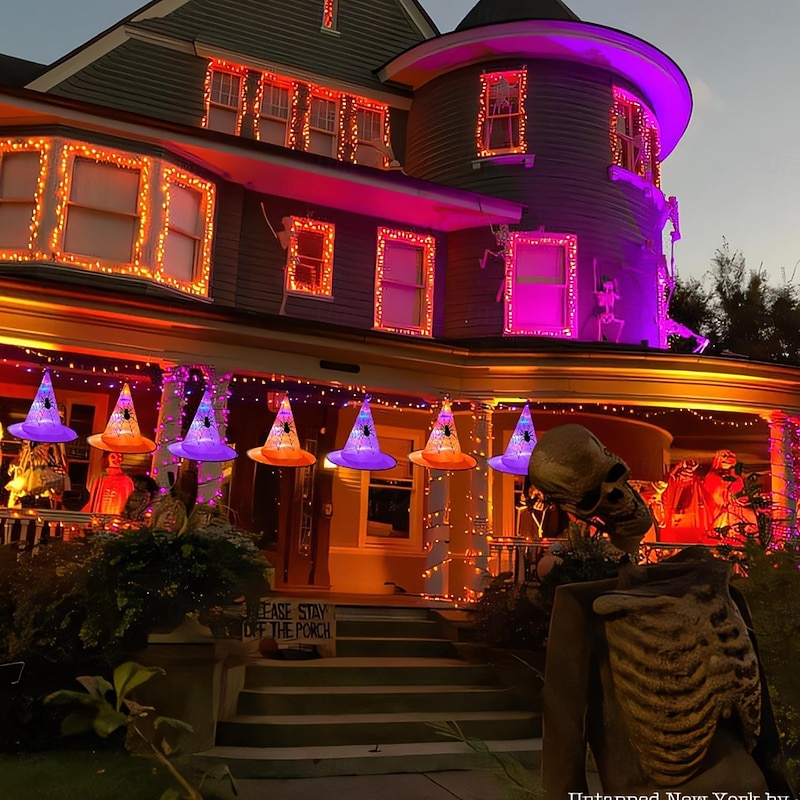 8PCS Halloween Decoration Luminous Hanging Witch Hat Indoor and Outdoor Remote Control Hanging Lights Battery Powered 8 Lighting Modes Suitable for Garden Yard Balcony Porch Decorations4