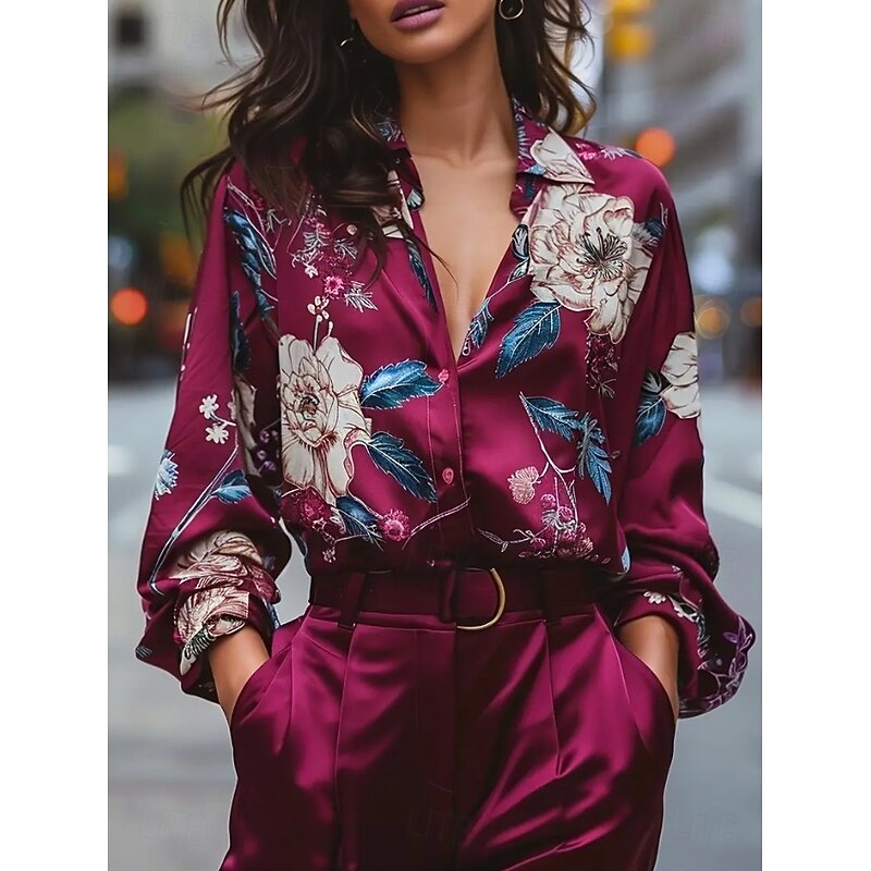 Women's Work Shirt Floral Graphic Elegant Stylish Casual Long Sleeve Shirt Collar Regular Tops Work Party Evening Wear Daily Royal Blue Fuchsia Gold Green Gray Spring Spring, Fall, Winter, Summer