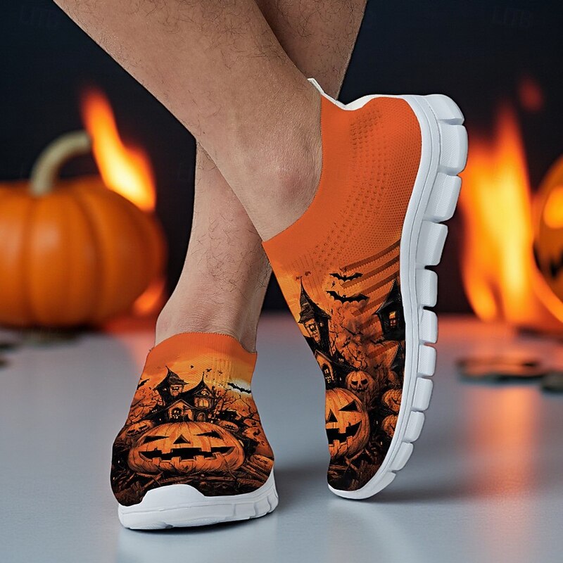 Men's Orange Flyknit Slip-On Sneakers with Haunted House Pumpkin Print – Casual Halloween Festival Shoes for Night Party, Cosplay and Outdoor Events