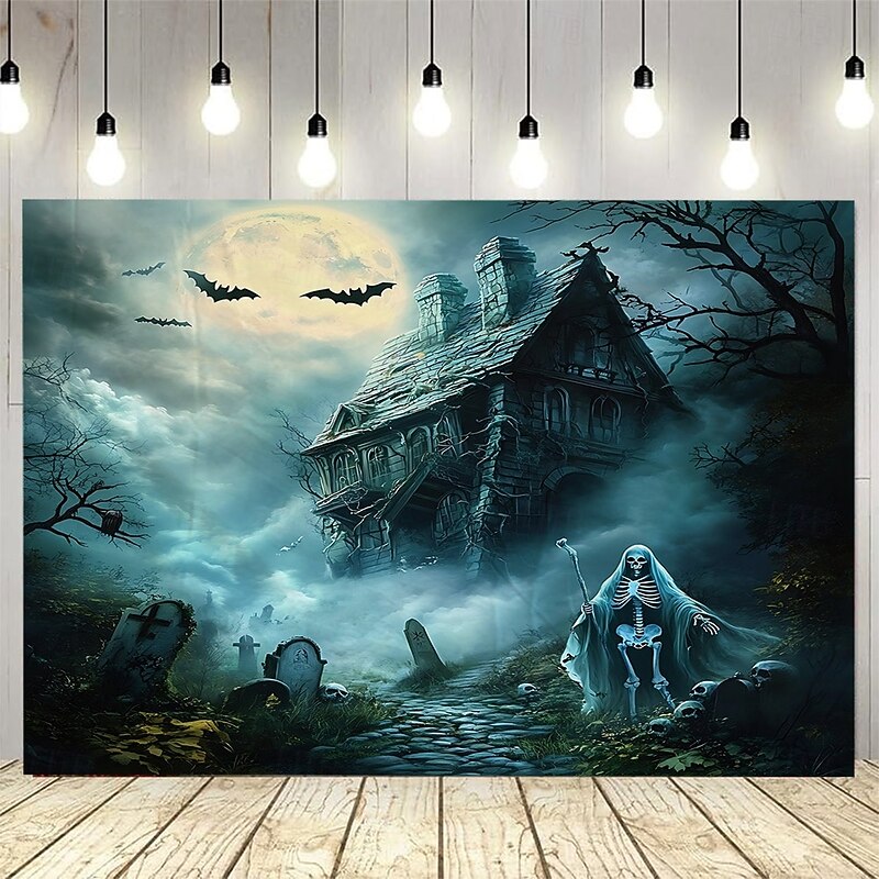 Halloween Backdrop Tapestry with Haunted House and Ghosts – Spooky Wall Hanging Decoration for Parties, Living Room, Bedroom, Office, 2025 Halloween 100% Polyester Wall Art4