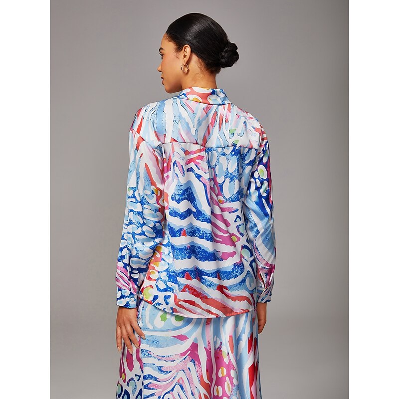 Women's Watercolor Leopard Print Satin Loose Short Shirt Drop Shoulder Shirt Collar Elegant Stylish Casual Bold Print Daily Work Fall4