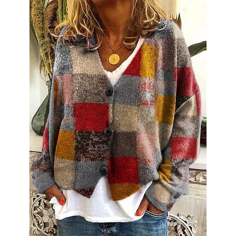 Women's Sweater Cardigan Elegant Fashion Streetwear Graphic Geometric Striped V Neck Pocket Floral Knitted Long Sleeve Regular Tops Knit Outdoor Daily Weekend Pink Fuchsia Spring Fall4