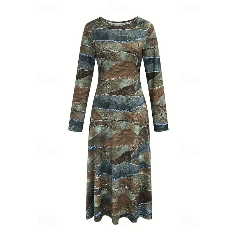 Women's Midi Dress Fit And Flare Dress Casual Boho Party Daily Going out Regular Fit Polka Dot Abstract 3/4 Length Sleeve Crew Neck Light Brown Fall Winter2