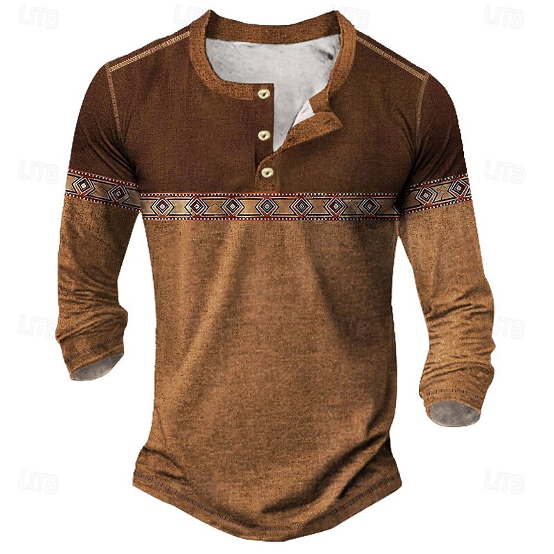 Men's Graphic Geometric Ethnic Henley Shirt Tee Long Sleeve Vintage Fashion Designer Outdoor Casual Daily Fall Spring &  Fall Deep Green Dark Brown Milk Green Henley Henley T-Shirt2