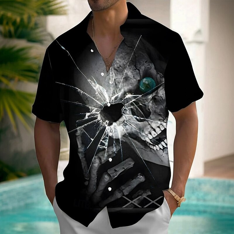 Halloween Men's Skull Broken Halloween Costumes Shirt Button Up Shirt Short Sleeve Dark Gothic Style Holiday Summer Spring Turndown 3D Print Collared Shirts Front One Pocket Black