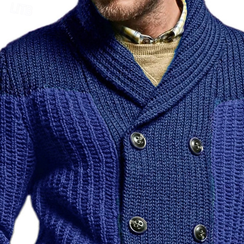 Men's Cardigan Sweater Cropped  Sweater Knit Sweater Ribbed Knit Regular Tops Button Up Plain Lapel Fashion Classic Vacation Daily Wear Clothing Apparel Fall Winter Blue M L XL2