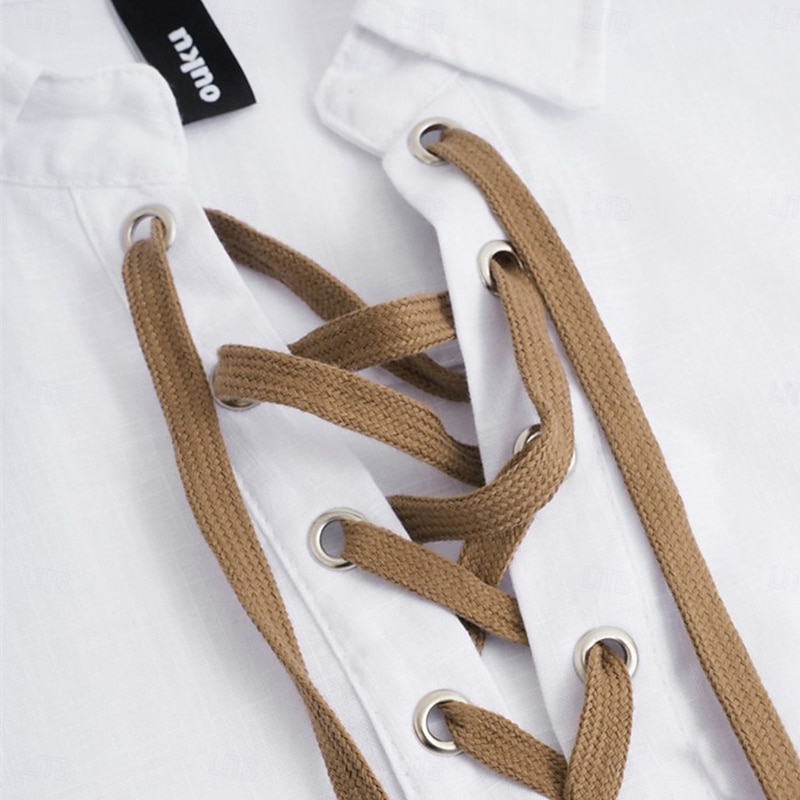 Men's Shirt Linen Shirt Viking Style Summer Shirt Beach Shirt Solid Color Vacation Casual White Blue Orange Green Long Sleeve Turndown Summer Spring Clothing Apparel Lace up3
