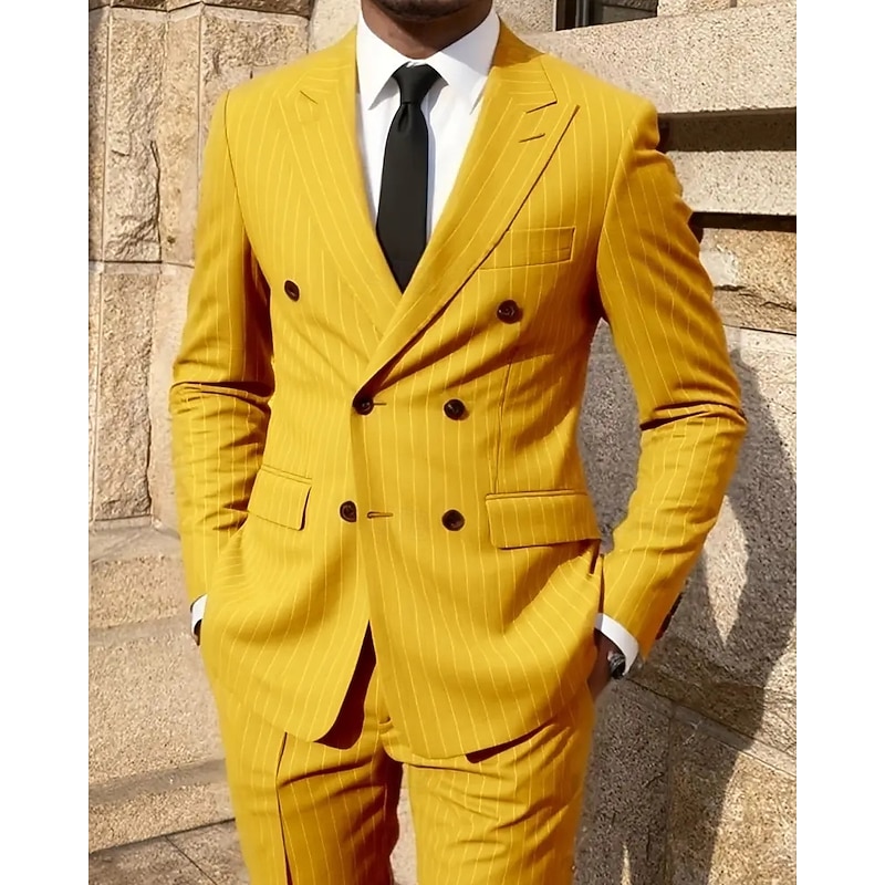 Men's Blazer Suits Business Cocktail Party Wedding Party Fashion Casual Spring Fall Polyester Stripes Pocket 2 Piece Comfortable Double Breasted Blazer Black Yellow Blue