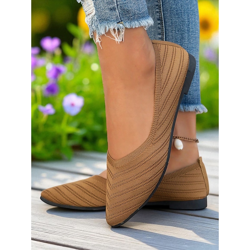 Women's Light Brown Pointed-Toe Flyknit Flats – Breathable Chevron Knit Ballet Shoes for Garden Parties, Office and Spring Fashion3