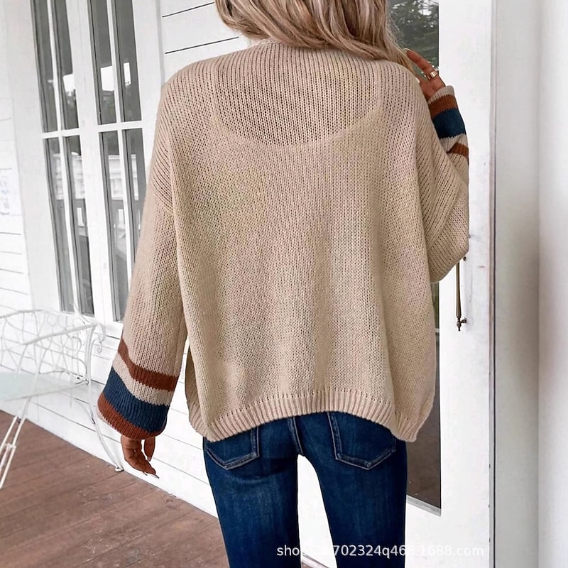 Women's Cardigan Elegant Vacation Vintage Open Front Stripe Drop Shoulder Long Sleeve Regular Tops Knit School Home Party Black khaki Fall Winter2
