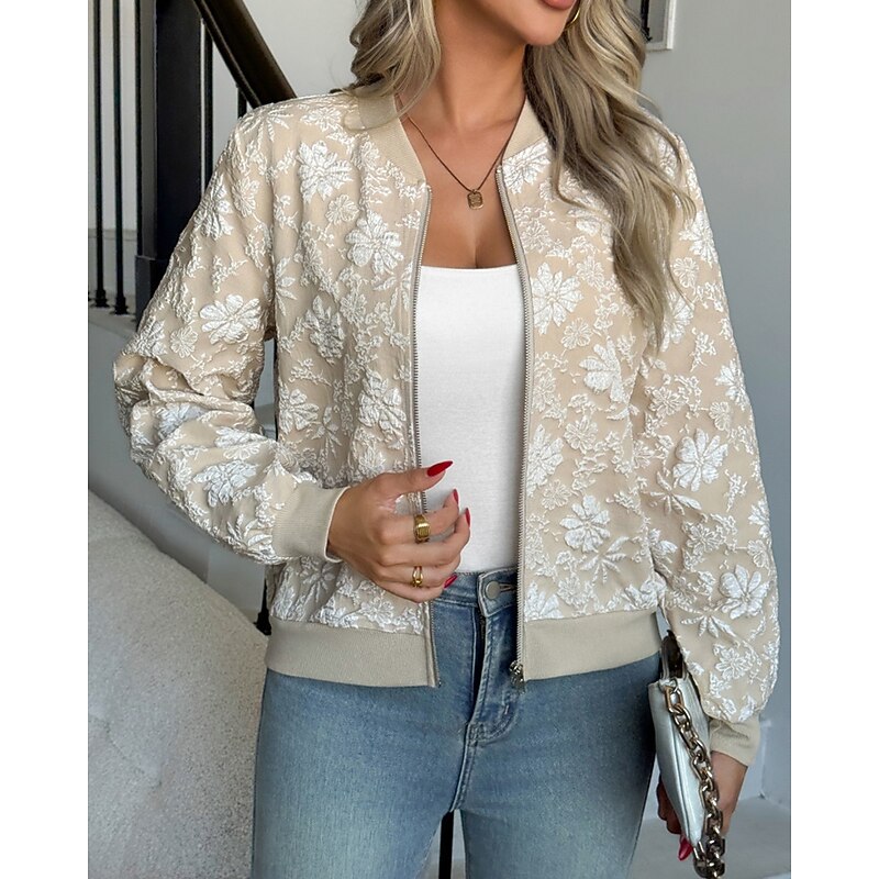Women's Casual Jacket Comfortable Zipper Pocket Print Fashion Flower Holiday Going out Zipper Regular Crewneck Regular Fit Long Sleeve Outerwear Khaki Fall Winter3