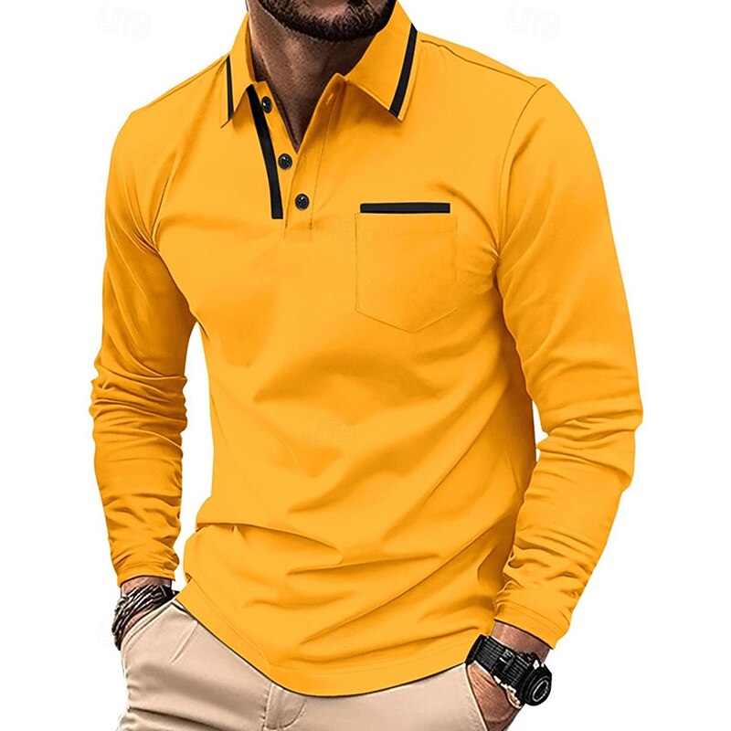Men's Golf Shirt Golf Polos Shirts Work Casual Lapel Long Sleeve Basic Modern Color Block Pocket Buttons Spring Fall Regular Fit Black Pink Orange Green Golf Shirt
