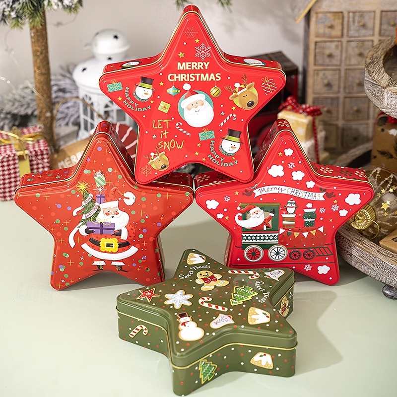 Christmas Cookie Tins with Lids for Gift Giving Xmas Tin Containers Star Shaped Metal Storage Box Holiday Candy Chocolate Gift Packaging Box Festive Christmas Party Favor Accessory