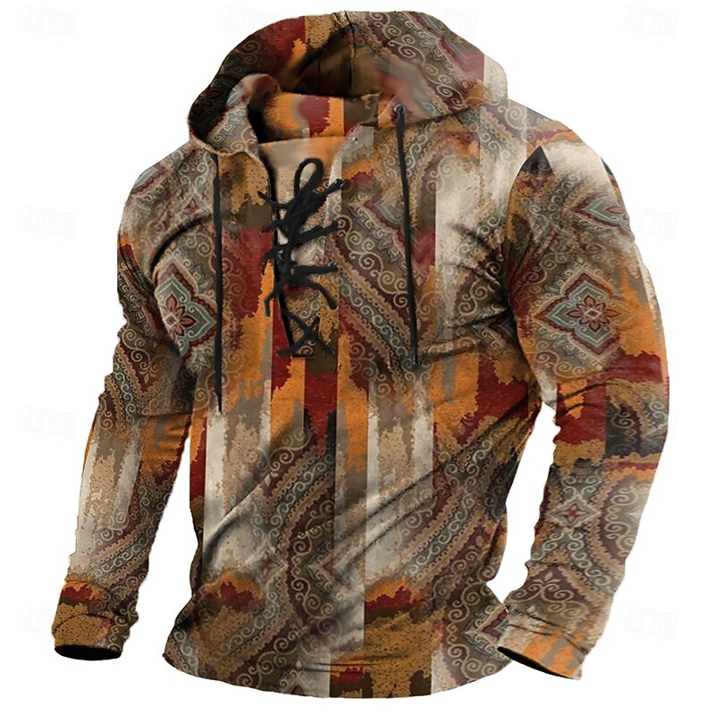 Men's Tribal Abstract Bandana Print Stylish Ethnic Long Sleeve Hooded Streetwear Yellow Red Drawstring Fall Winter Designer4