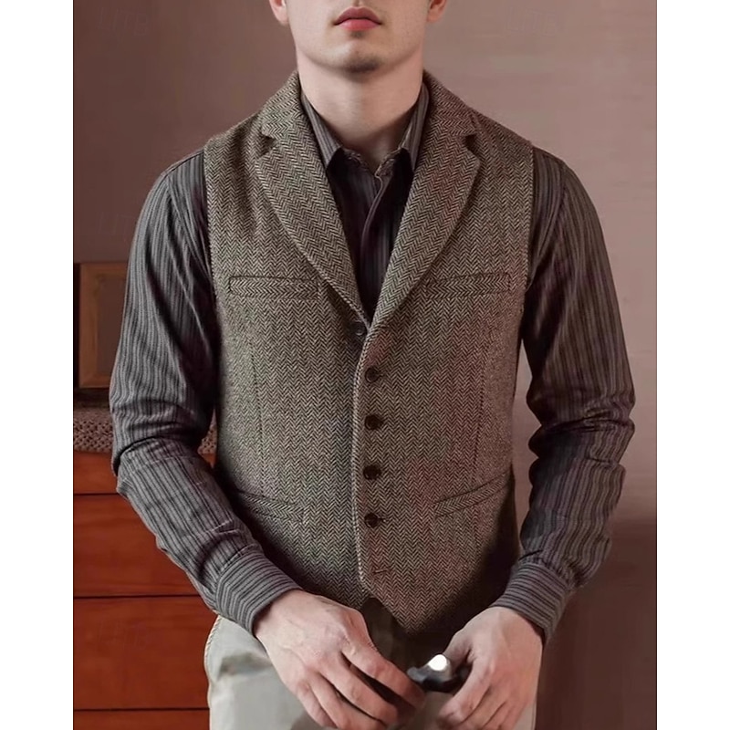 Men's Vest Waistcoat Gilet Vacation Party Business Fashion Casual Spring Fall Pocket Buttons Polyester Comfortable Plain Single Breasted One-button Lapel Regular Fit Khaki Gray Vest2