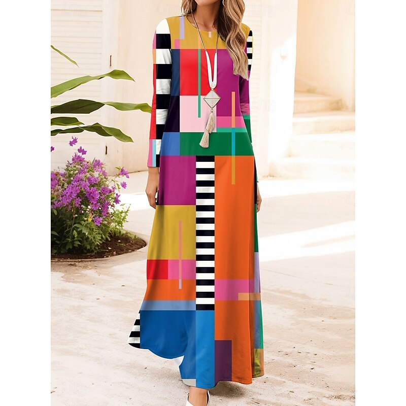 Women's Maxi Dress Vintage Bohemian A Line Dress Crew Neck Long Sleeve Casual Daily Regular Fit Graphic Geometric Black Sky Blue Orange Dark Blue Spring Fall Winter