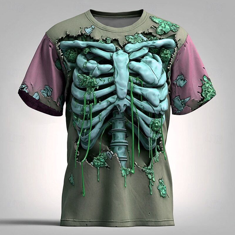 Halloween Men's Optical Illusion 3D Skeleton T Shirt Short Sleeve T shirt 3D Print Crew Neck Shirt Exaggerated Designer Horror Party Club Lake Blue Yellow Blue Summer Spring All Seasons Clothing2