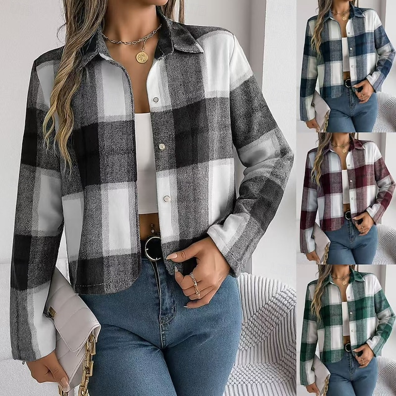 Women's Casual Jacket Comfortable Breathable Print Casual Plaid Vacation Street Casual Daily Wear Single Breasted Short Turndown Regular Fit Long Sleeve Outerwear Red Blue Green Spring Fall