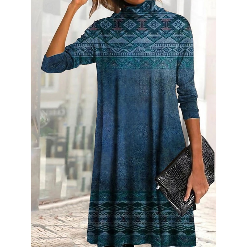 Women's Mini Dress T Shirt Dress Tee Dress A Line Dress Vacation Casual Daily Date Regular Fit Graphic Tribal Long Sleeve High Neck Blue Purple Brown Green Spring Fall Winter2