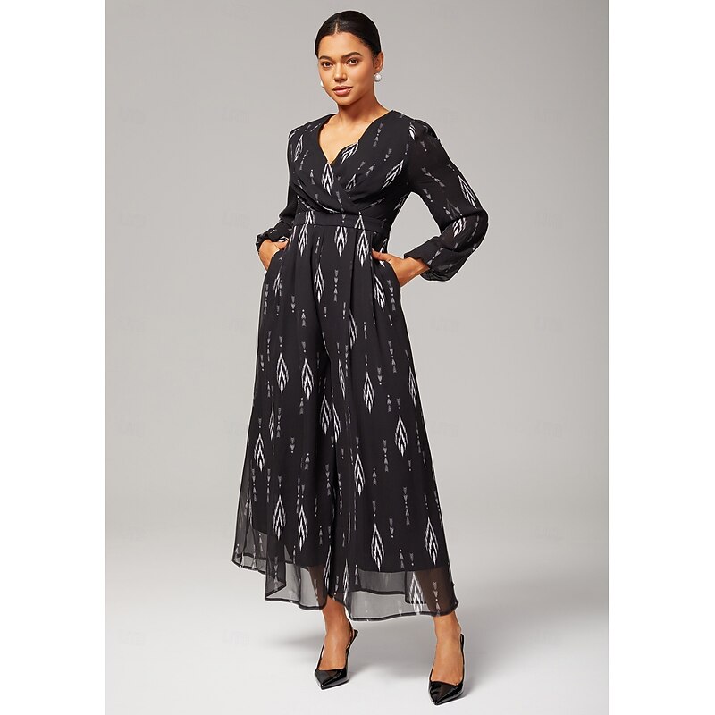 Women's Black Chiffon Printed Wide Leg Jumpsuit V Neck Waist Cinching Elegant Stylish Ideal Party Daily Wear Stand Out Spring Fall4