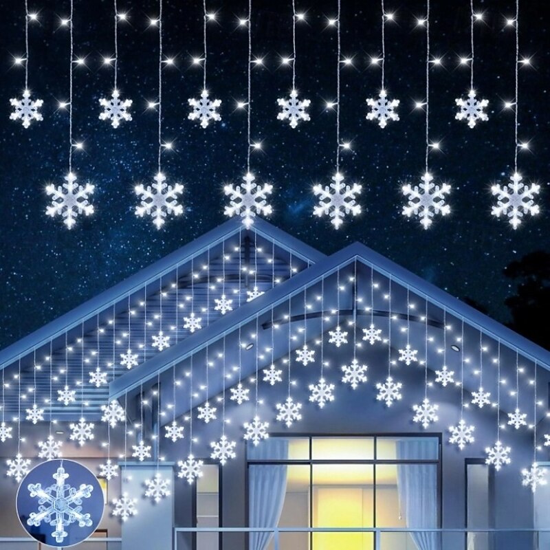 12ft/3.5M Snowflake Curtain Night Light USB Powered 8 Modes Icicle Fairy String Light for Christmas Wedding Holiday Garden Indoor Outdoor Party Decoration2