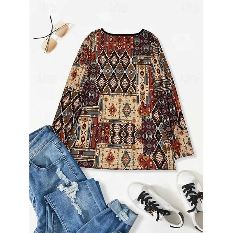 Women's Tunic T Shirt Floral Graphic Geometric Stylish Casual Boho Long Sleeve Crew Neck Regular Tops Daily Going out Weekend Black Red Orange Brown Khaki Fall Winter3