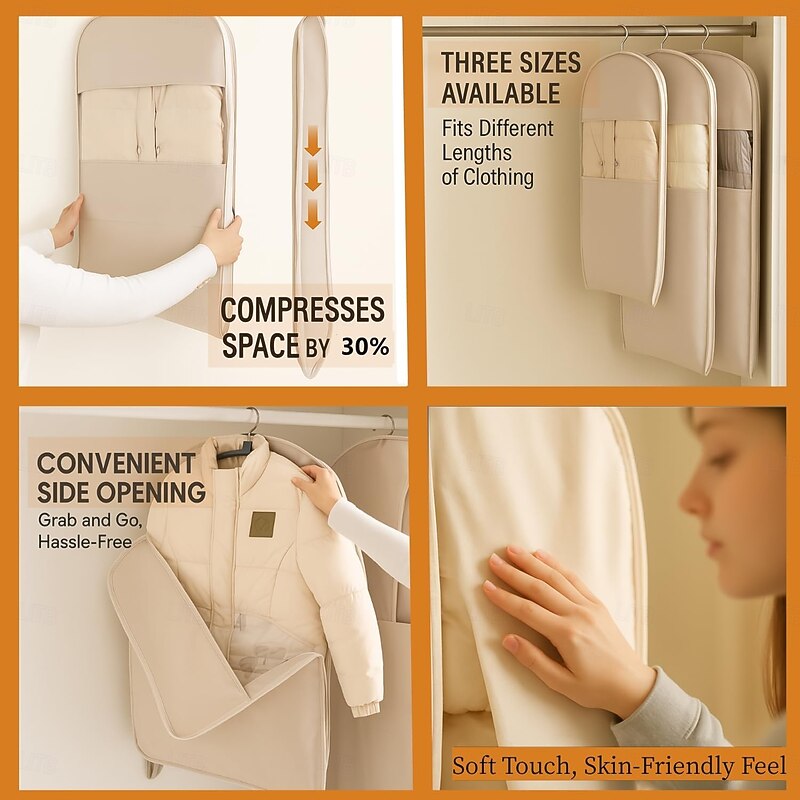 3Pcs Space Saving Hanging Garment Bag Set with Self Compression Zipper Dust Cover for Coats Down Jackets Closet Clothes Organizer with Clear Window3