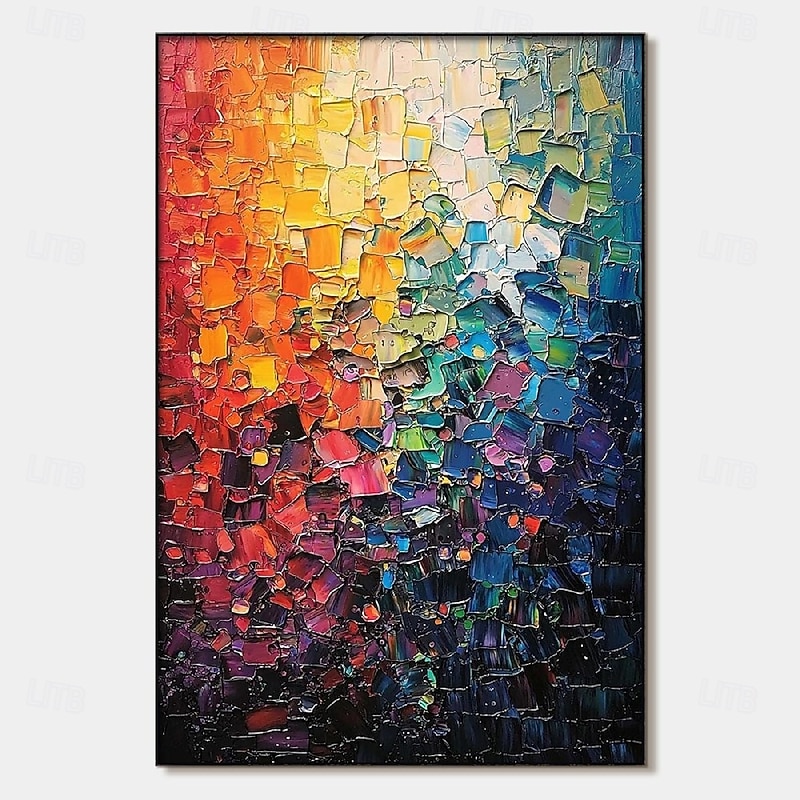 Handmade colorful textured Oil Painting Thick Impasto Brushstrokes Colorful Abstract Art Vibrant Gradient Orange Red Blue Purple Mosaic Blocks Contemporary art Wall Decor Living Room Stylish Home