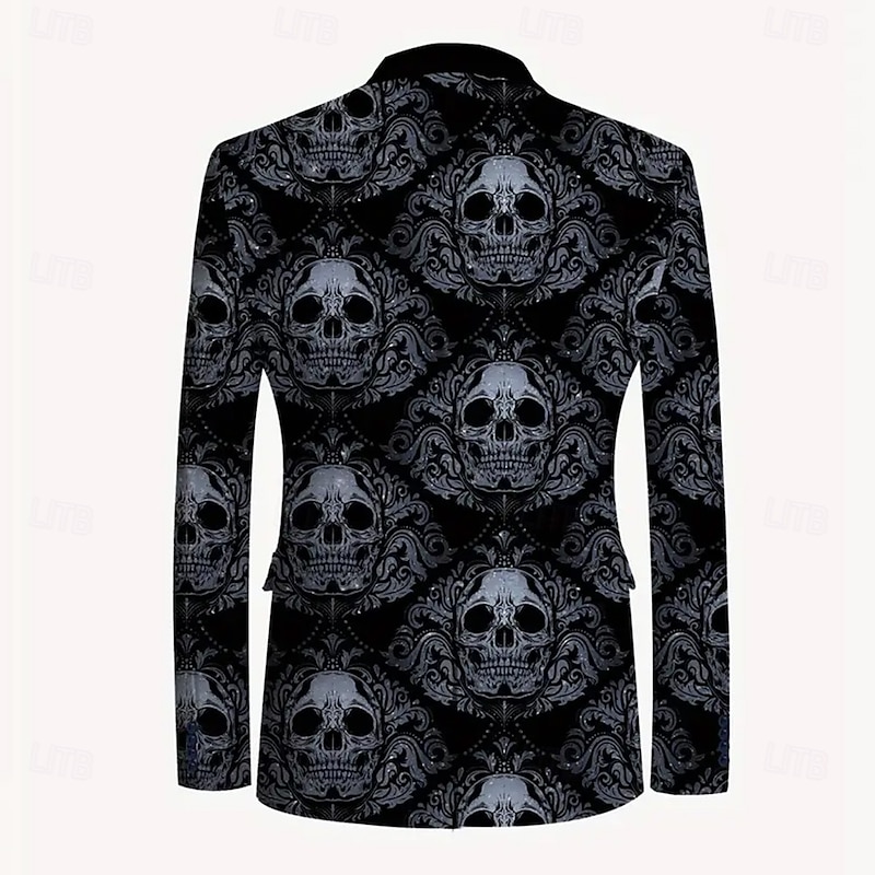 Halloween Men's Coat Blazer Street Casual Festival Casual Daily British All Seasons 100% Polyester Skulls 3D Print Buttons Thermal Warm Comfortable Single Breasted Blazer Black2