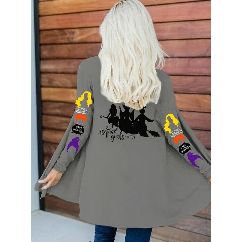 Halloween Women's Coat Lightweight Comfortable Witch Print Open Front Vintage Artistic Casual Witch Skull Casual Long Collarless Loose Fit Long Sleeve Outerwear Black White Red Spring Fall3