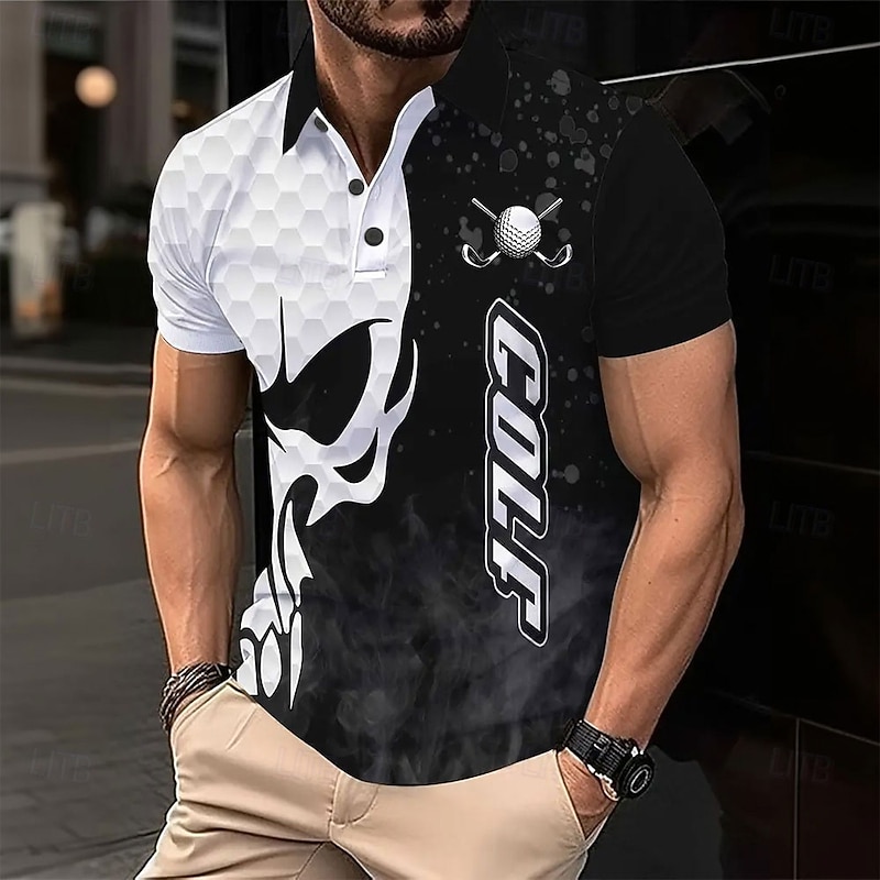 Men's Golf Sports Polo Shirts Short Sleeve Polo Shirts Collared Shirts Casual Outdoor Sports Daily Wear 3D Print Summer Black Blue