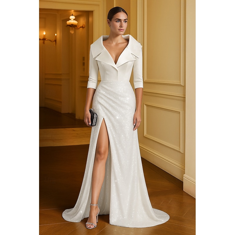 White Black Green Sequined A-Line Evening Gown Elegant Dress Formal Wedding Floor Length Long Sleeve Lapel Satin with Glitter Slit 20252