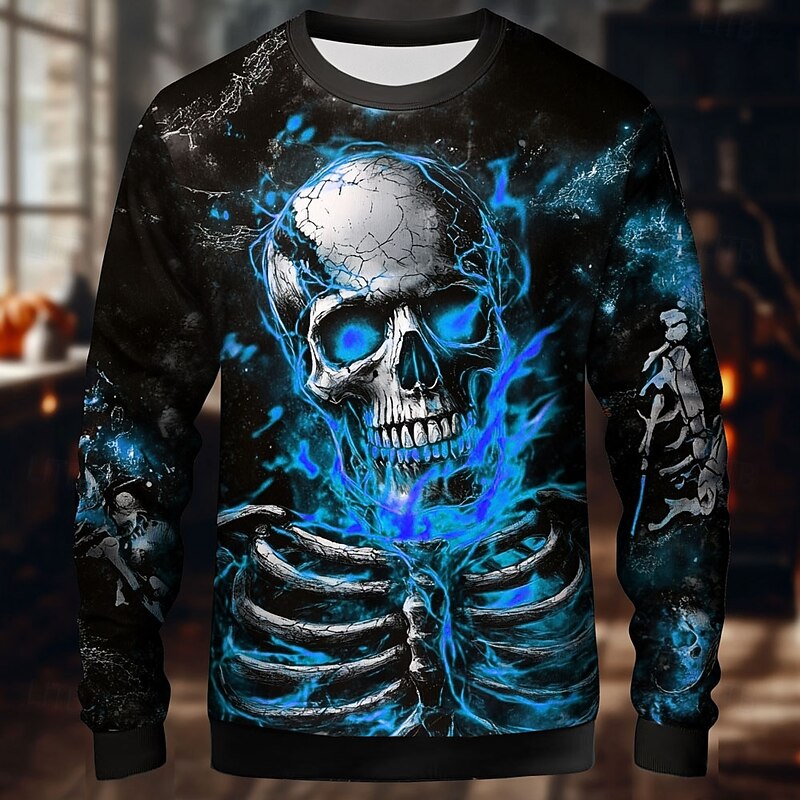 Halloween Day of the Dead Skull Men's Reaper Sweatshirt Punk Party Long Sleeve Crew Neck Vacation Red Blue Crewneck 3D All Seasons Designer3