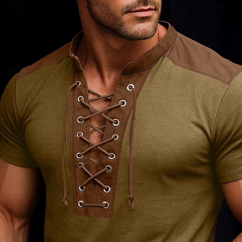 Men's T Shirt Tee Short Sleeve Collar V Neck Summer All Seasons Color Block Vintage Fashion Casual Lace up Print Casual Daily Sports Dark Grey Blue Dark Brown Top Tee for Men2