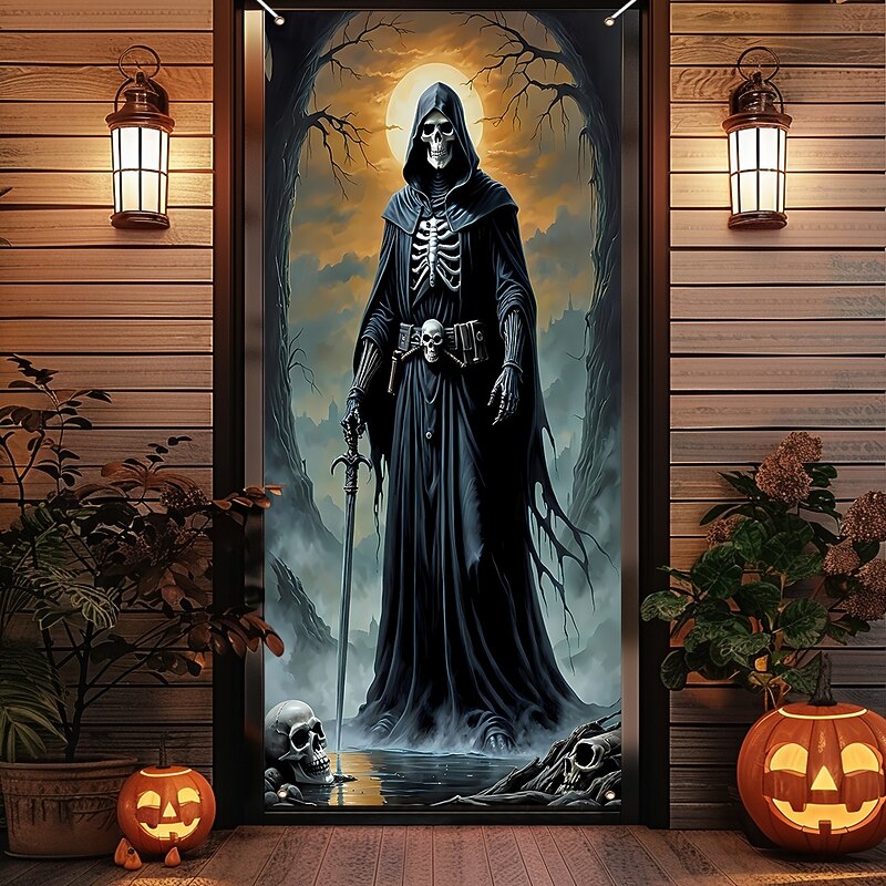 Halloween Door Cover Outdoor Banners Ghost Tree Demon 3D Dark Punk Gothic Style Party Outdoor Shooting Backgrounds Front Door Wall Porch Home Decor4