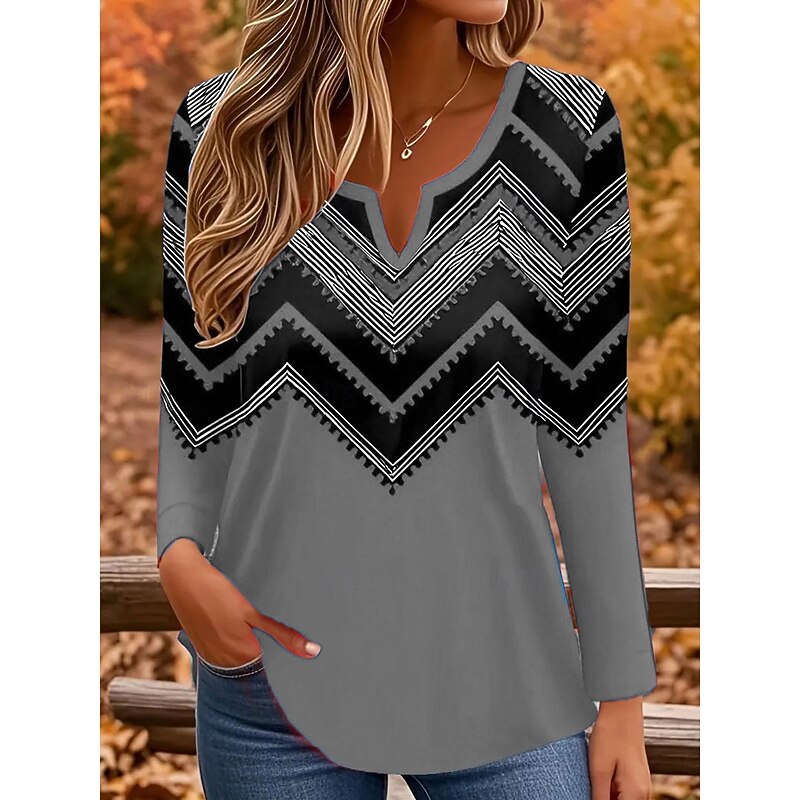 Women's T Shirt Graphic Geometric Vintage Stylish Classic Long Sleeve Notched Neck Regular Tops Daily Print Red Blue Orange Gray Spring Fall4